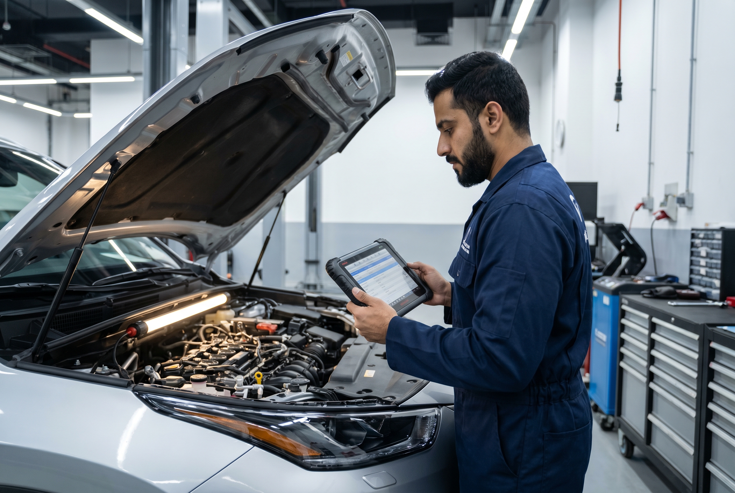 Freen technician running diagnostics on a modern car